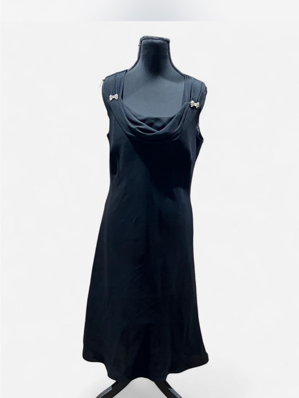 Black Sleeveless Cowl Neck Midi Dress with Decorative Shoulder Accents